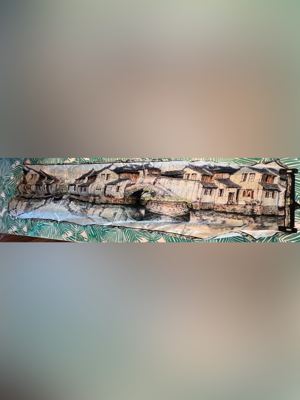 Vintage-Style Beige and Brown Riverfront Silk Scarf